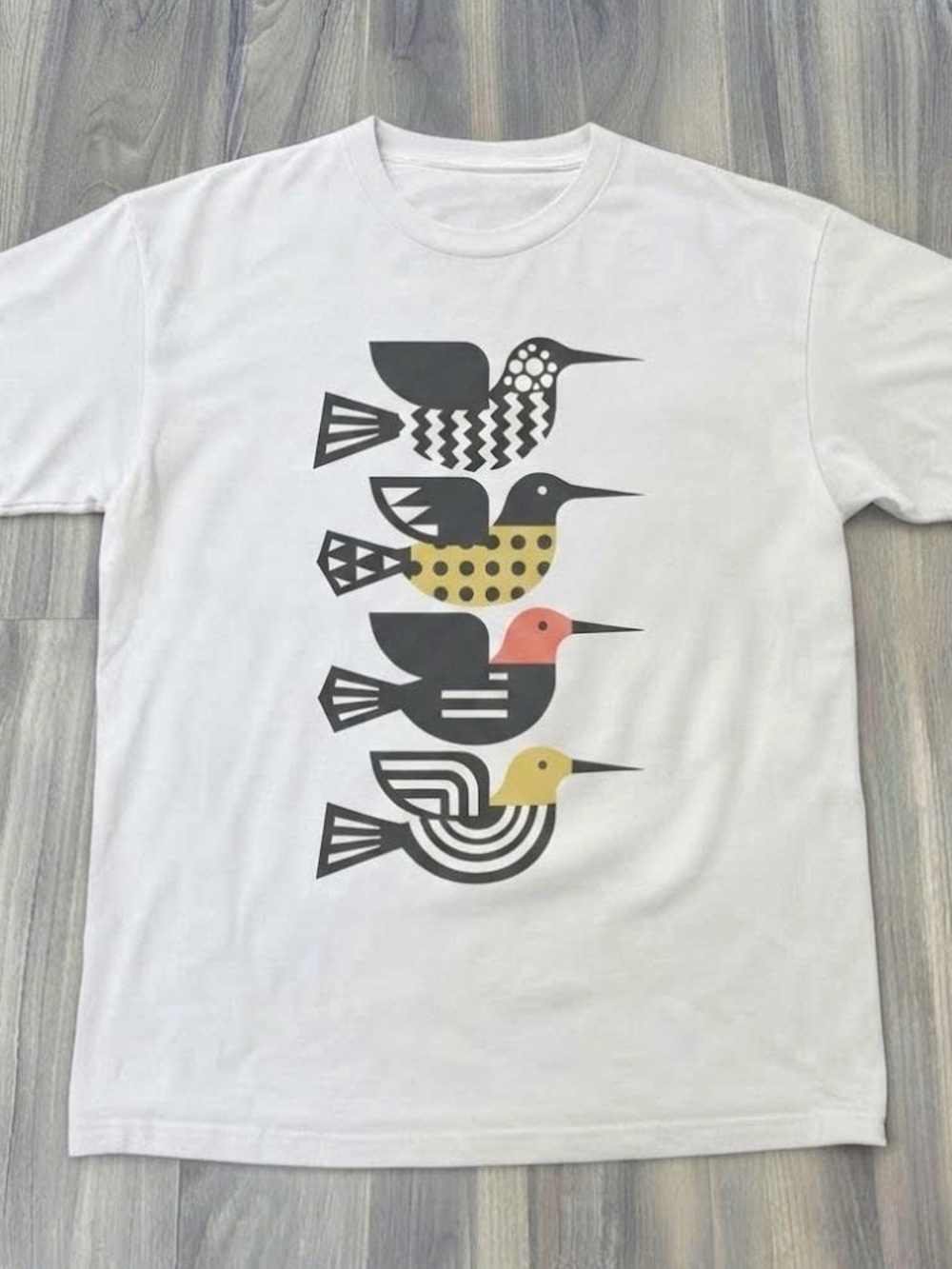 Gildan White Short Sleeve Tee with Black, Yellow & Coral Bird Stack